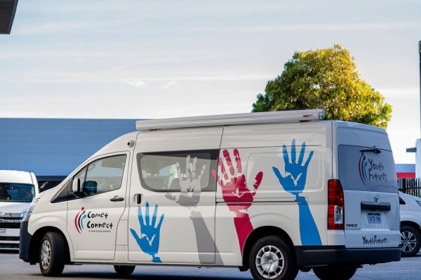 Youth futures white Comet Connect van with pictures images of coloured hands