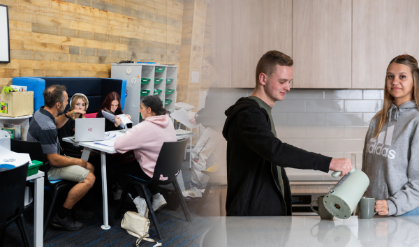 Youth futures image collage featuring image of two teenagers pouring tea in a kitchen and image of students learning from a teacher