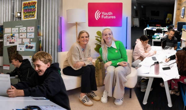 Collage of youth futures images including an image of an interview and images of students learning