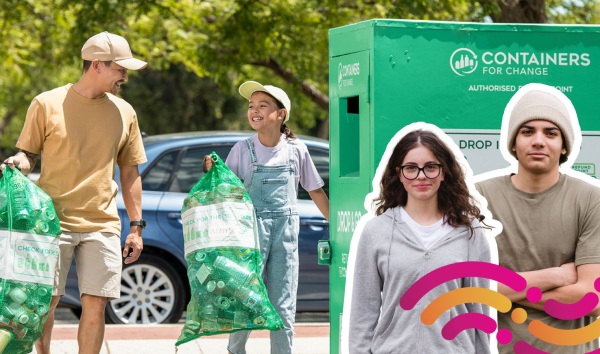 Image of man with girl carrying containers for change bags full of cans