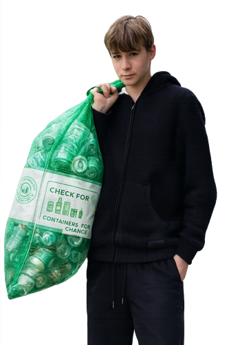 Image of boy with containers for change bag full of cans