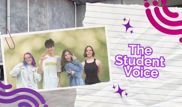 Four young people pose playfully for a photo outdoors, making peace signs and smiling. Decorative banner reads 'The Student Voice.